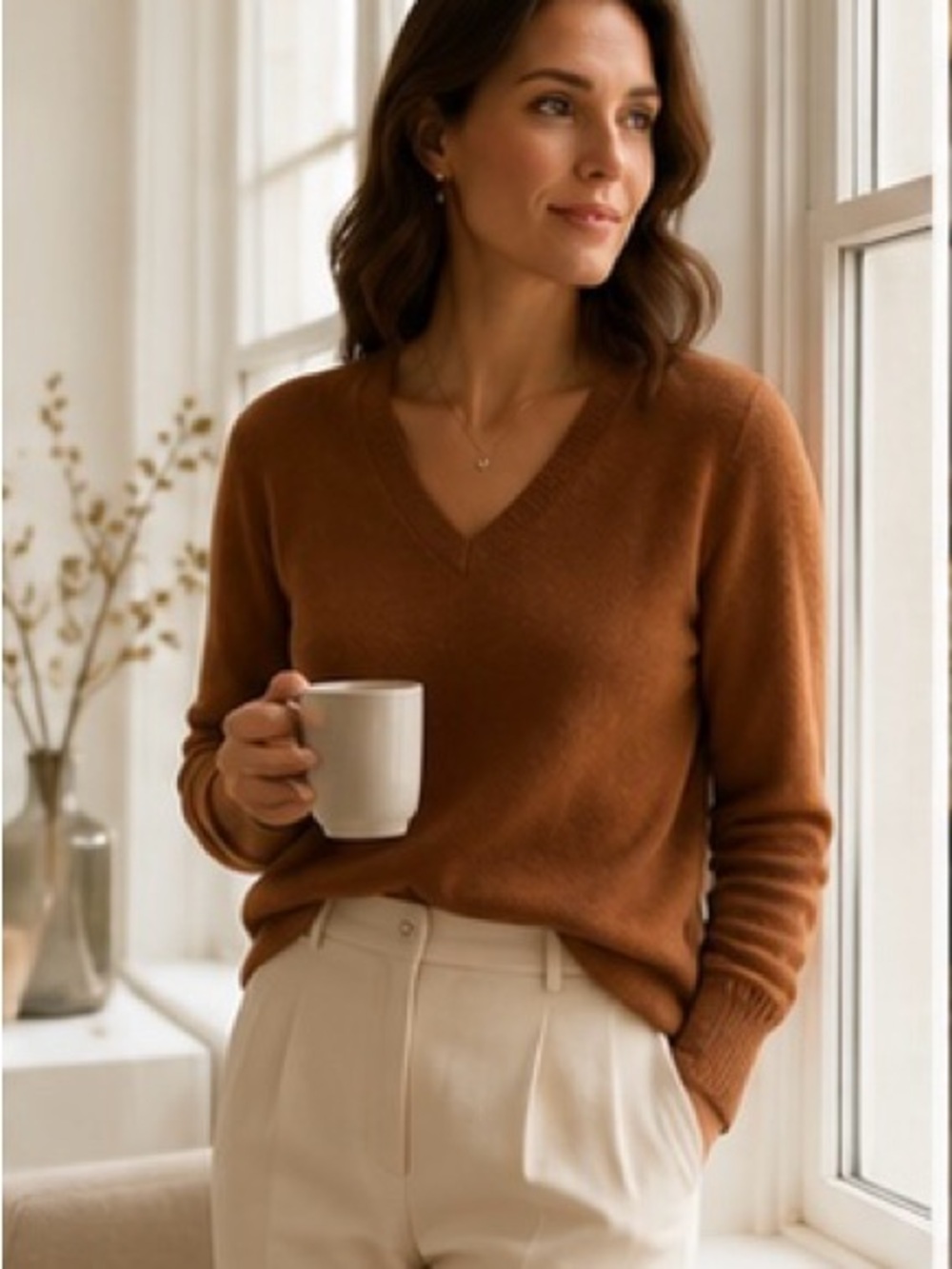 NWT Nordstrom 100% Cashmere V Neck Pullover Size L Rust Bisque Luxury Classic